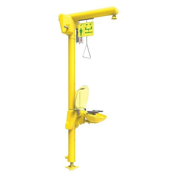 Bradley Shower with Eyewash, Floor Mount, Galvanized Steel Pipe, 93 13/16 in H, Plastic Bowl, Yellow - S19-304GABL