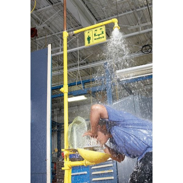 Bradley Shower with Eyewash, Floor Mount, Galvanized Steel Pipe, 94 1/8 in H, Plastic Bowl, Yellow - S19314PDCFW