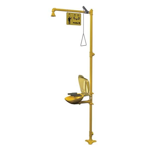Bradley Shower with Eyewash, Floor Mount, Galvanized Steel Pipe, 94 1/8 in H, Plastic Bowl, Yellow - S19314PDCFW