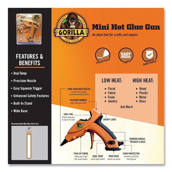 Gorilla Glue Dual Temp Mini Hot Glue Gun, Orange/Black - 8401502