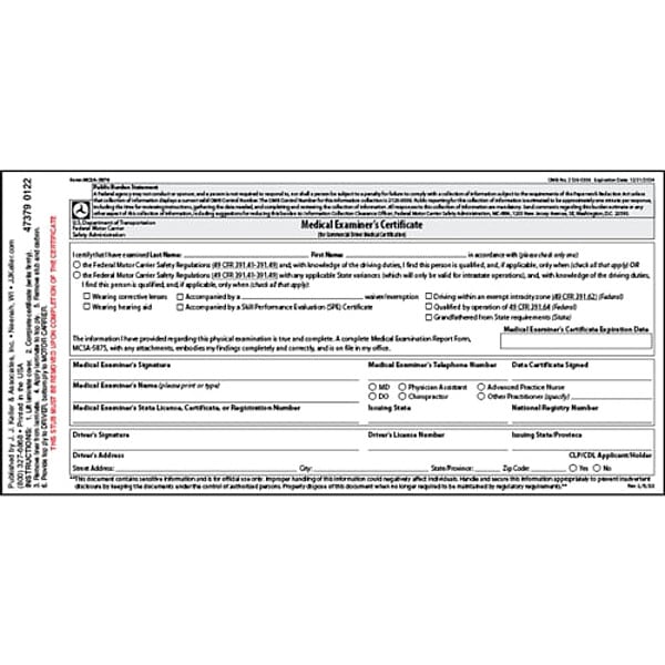 Jj Keller Medical Examination Certificate, English - 47379