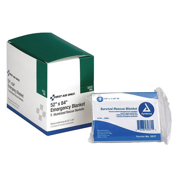 First Aid Only Emergency Blanket, 84" L, 52" W, Silver, PK5 - I800
