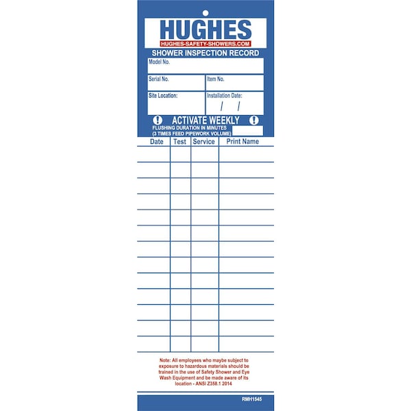 Hughes Safety Showers Equipment Inspection Record, Pack of 2 - SERVICE-CARDS