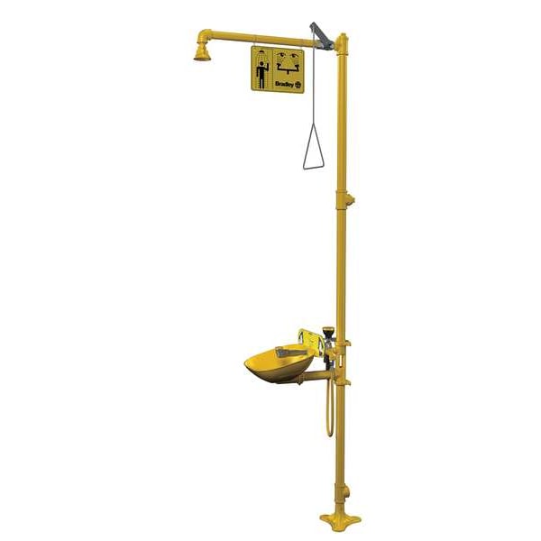 Bradley Shower with Eyewash, Floor Mount, Galvanized Steel Pipe, 94 1/8 in H, Plastic Bowl, Yellow - S19314P
