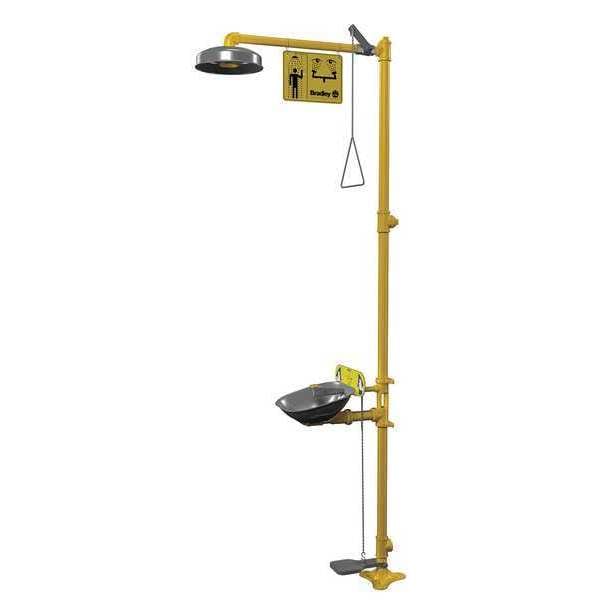 Bradley Shower with Eyewash, Floor Mount, Galvanized Steel Pipe, 94 1/8 in H, Stainless Steel Bowl, Yellow - S19314UU