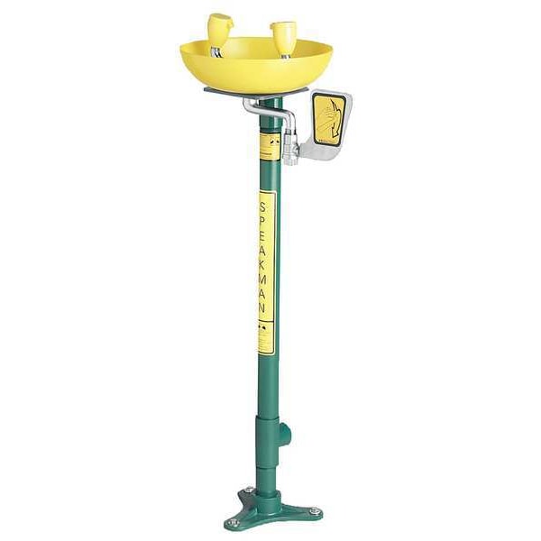 Speakman Eye/Face Wash Station, Pedestal Mount, Galvanized Steel Pipe, 38.625 H, Plastic Bowl, Green - SE-496