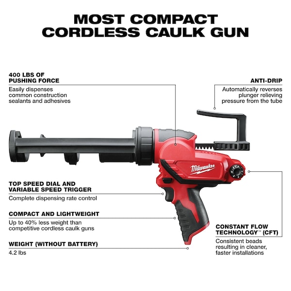 Milwaukee Tool Milwaukee M12 Caulk Gun, 12V DC, For 10 oz Container Size, 29 in/min Application Speed, Bare Tool - 2441-20