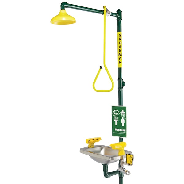 Speakman Emergency Shower Combination, 93.75 H, Stainless Steel Bowl, Green - SE-603