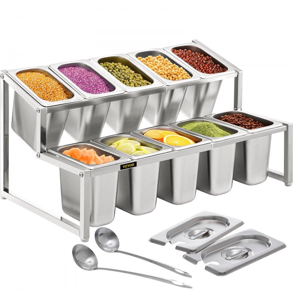 VEVOR Expandable Spice Rack, 13.8"-23.6" Adjustable, 2-Tier Stainless Steel Organizer Shelf with 10 1/9 Pans 10 Ladles, Countertop Inclined Holder for Sauce Ingredients Fruits, for Kitchen Pantry Use - DWJECZFX10219MLY3V0