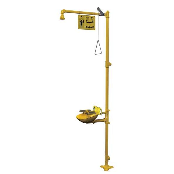Bradley Shower with Eyewash, Floor Mount, Galvanized Steel Pipe, 94 1/8 in H, Plastic Bowl, Yellow - S19314FW