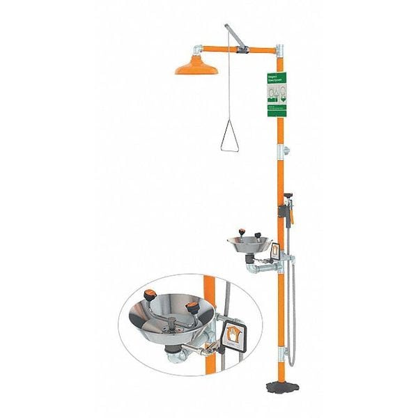 Guardian Equipment Shower with Eyewash, Floor Mount, Galvanized Steel Pipe, 94 3/4 in H, Stainless Steel Bowl, Orange - G1902SSH
