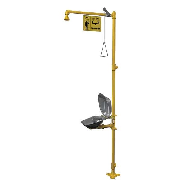Bradley Shower with Eyewash, Floor Mount, Galvanized Steel Pipe, 94 1/8 in H, Stainless Steel Bowl, Yellow - S19314DC