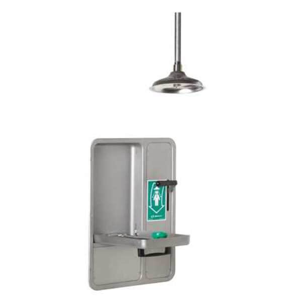 Haws Shower with Eyewash, Ceiling (Shower), Wall (Eyewash) Mount, Stainless Steel Pipe, 32 in H, Silver - 8356WCC