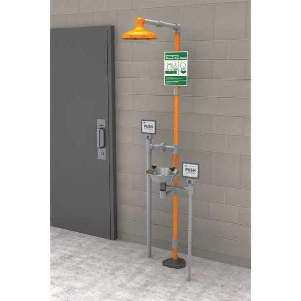 Guardian Equipment Shower with Eyewash, Floor Mount, Galvanized Steel Pipe, 89 3/4 in H, Stainless Steel Bowl, Orange - GFR1902