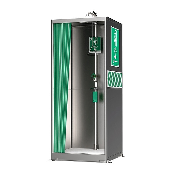 Haws Enclosed Shower with Eye/Face Wash, Floor Mount, Stainless Steel Pipe, 87 1/4 in H, Silver - 8606SS