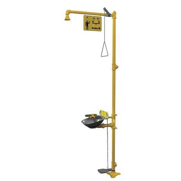 Bradley Shower with Eyewash, Floor Mount, Galvanized Steel Pipe, 94 1/8 in H, Stainless Steel Bowl, Yellow - S19314AC