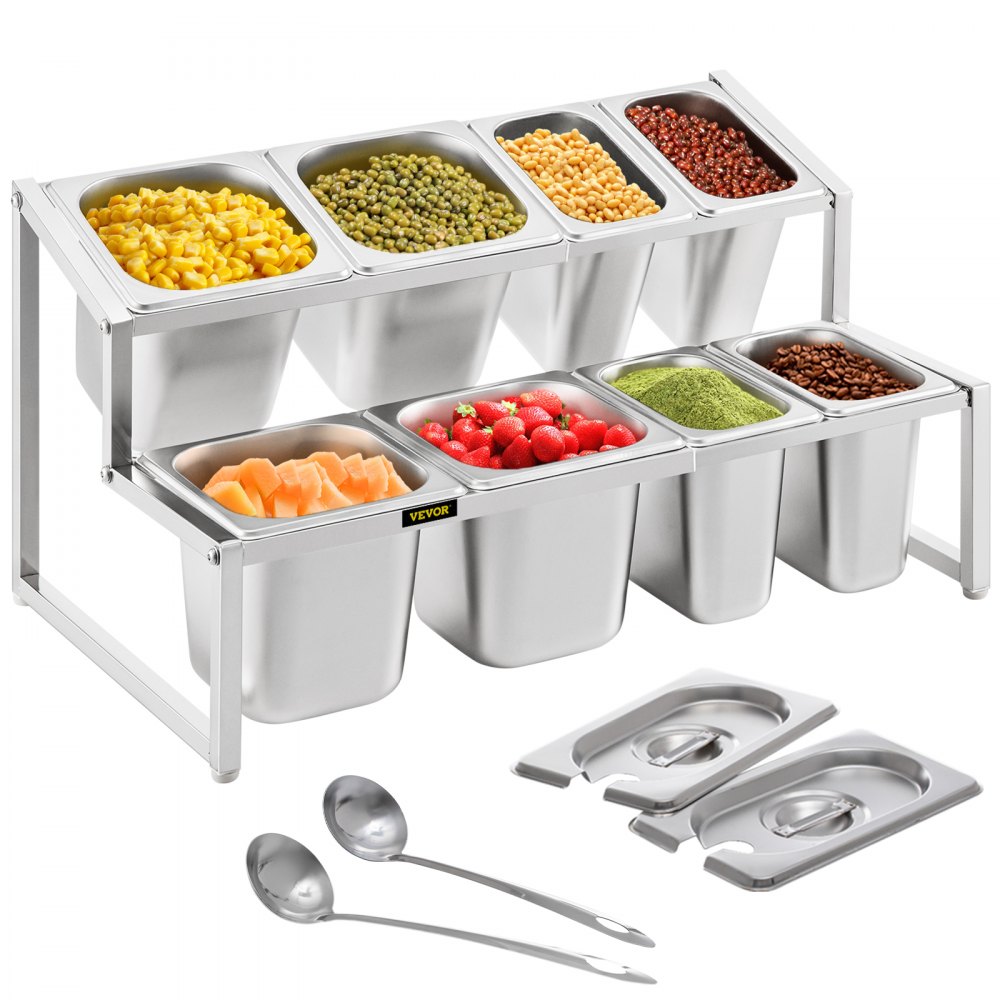 VEVOR Expandable Spice Rack, 13.8"-23.6" Adjustable, 2-Tier Stainless Steel Organizer Shelf with 4 1/9 Pans 4 1/6 Pan 8 Ladles, Countertop Inclined Holder for Sauce Ingredients Fruits, for Kitchen Use - DWJECZFXP8216T7SJV0