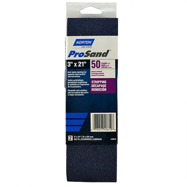 Norton Co 3" x 21" ProSand BlueFire Portable Sanding Belt 50-Grit, PK 2 - 02227