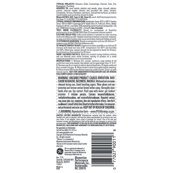 Ge GE Supreme White Supreme Silicone Kitchen and Bath Caulk Sealant 2.8 oz - M90011