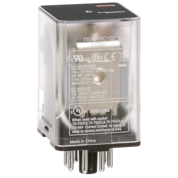 Relevador de propósito general Schneider Electric, 12V DC bobina voltaje, octal, 8 pines, DPDT - 750XBXRC-12D