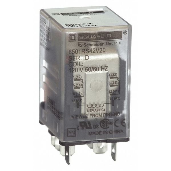 Relé de propósito general de Schneider Electric, 120V AC Coil Volts, cuadrado, 8 pines, DPDT - 8501RS42V20