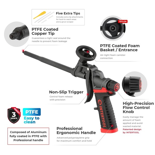 Intertool Spray Foam Gun, Sealant Insulation, Full Teflon Coated & Professional Handle - PT08-0610