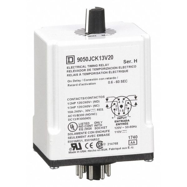 Relevador de retardo de tiempo Schneider Electric, 120VAC, 10A, DPDT, 0.6 seg. - 9050JCK13V20
