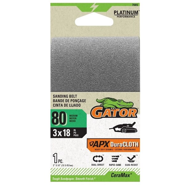 Gator Portable Sander Belt, 3 in W, 18 in L, 80 Grit, Ceramic Abrasive - 7085