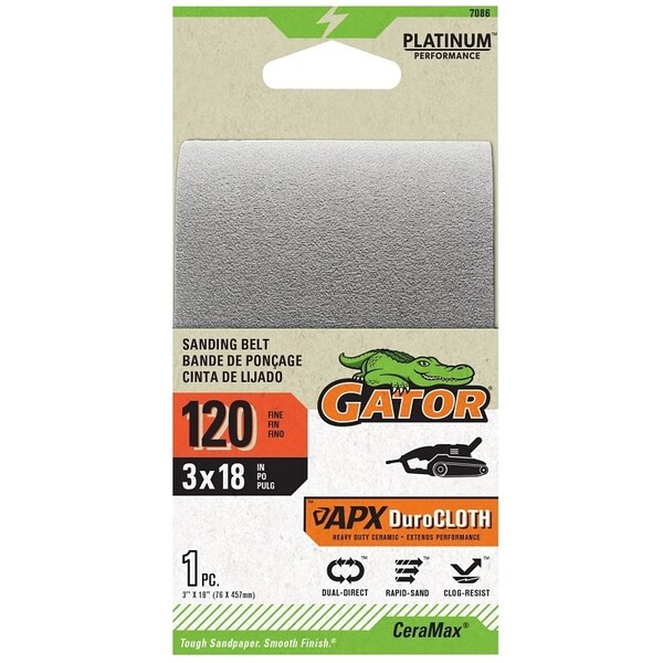 Gator Portable Sander Belt, 3 in W, 18 in L, 12 Grit, Ceramic Abrasive - 7086