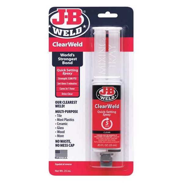J-B Weld Epoxy Adhesive, ClearWeld Series, Transparent Yellow, Syringe, 1:01 Mix Ratio, 1 hr Functional Cure - 50112