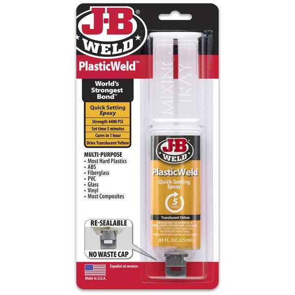 J-B Weld Epoxy Adhesive, PlasticWeld Series, Tan, Syringe, 1:01 Mix Ratio, 1 hr Functional Cure - 50132