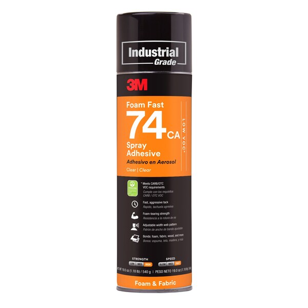 3M Foam Fast Spray Adhesive 74CA, Low VOC <25%, Clear, 24 fl oz, 12PK - SPRAY74CAC