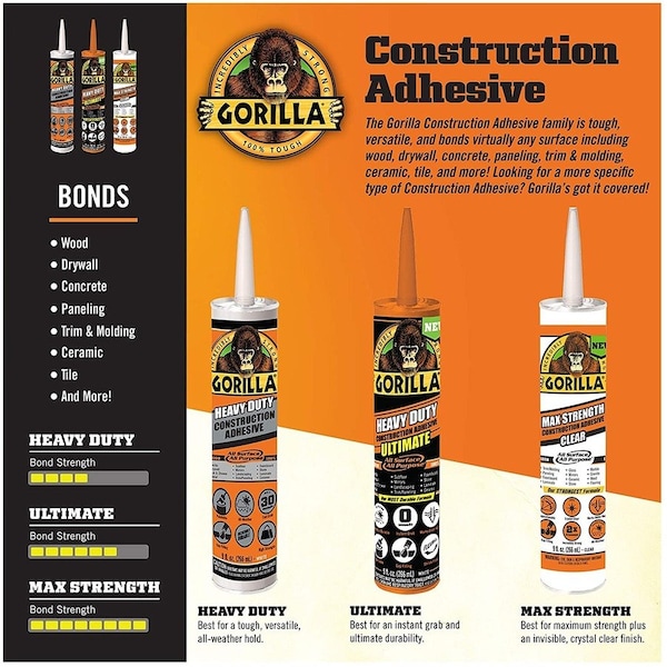 Gorilla Glue Polyurethane Adhesive, Ultimate Series, White, 9 oz, Cartridge - 8008002
