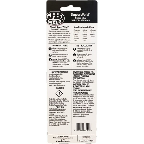 J-B Weld Super Glue Brush On SuperWeld High Strength Glue 0.2 gm Clear - 33106