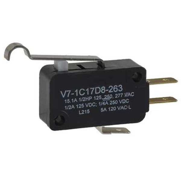 Interruptor de Acción Rápida Miniatura Honeywell, Palanca, Actuador de Rodillo Simulado, SPDT, Calificación de Contacto de 15A @ 240V AC - V7-1C17D8-263