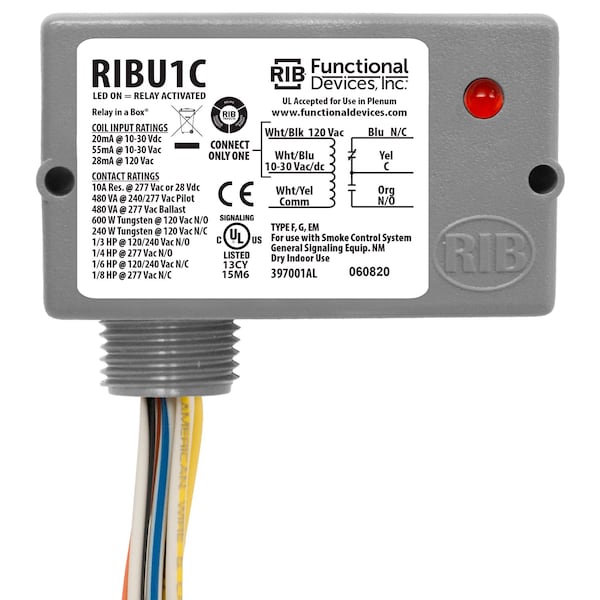 Functional Devices RIBU1C Paquete múltiple de 100 piezas Relé encapsulado de 10 amperes SPDT 10-30Vac/dc/120Vac - RIBU1C-100PACK