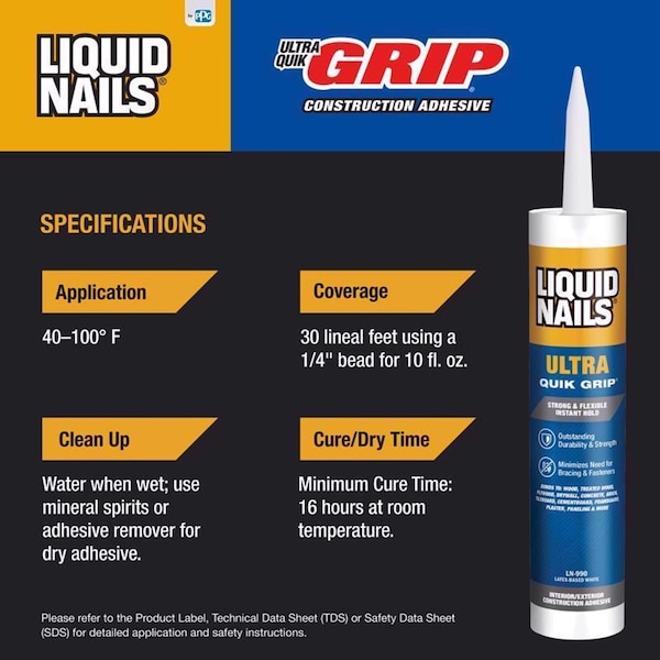 Liquid Nails Liquid Nails Ultra Quick Grip Synthetic Elastomeric Polymer Construction Adhesive 10 oz - LN-990 10