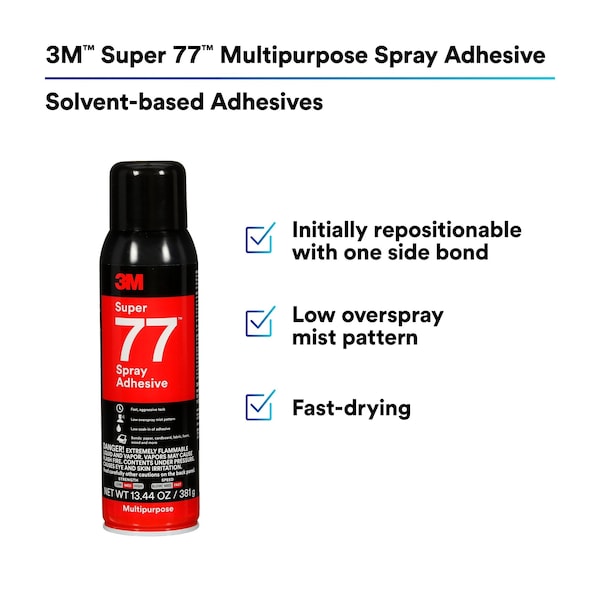 3M Spray Adhesive, 13.44 fl oz, Aerosol Can, Clear, Super 77 - 7010366503