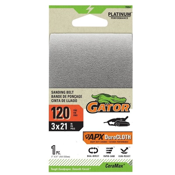 Gator Portable Sander Belt, 3 in W, 21 in L, 120 Grit, Ceramic Abrasive - 7094