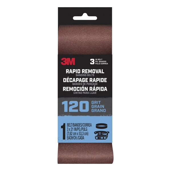 3M Rapid Removal 3 x 21 inch Power Sanding Belt, 120 grit, 1 pk, 10PK - BELT3X211PK120