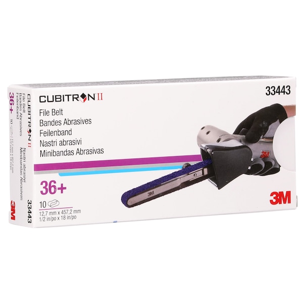 3M Cubitron 3M II File Belt, 33443, 36+, 12.7 mm x 457.2 mm 1/2 in x 18 in, 5PK - 786F