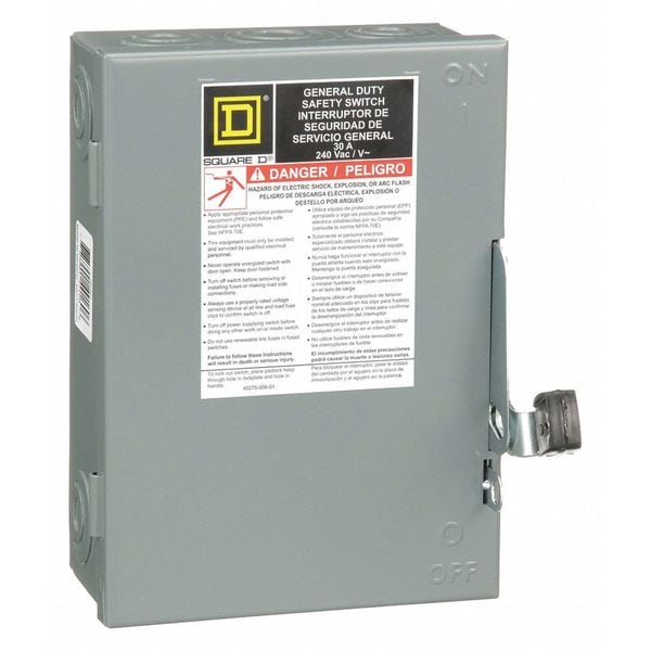 Interruptor de Seguridad no Fusible Square D, de Deber General, 240V AC, 3PST, 30 A, NEMA 1 - DU321