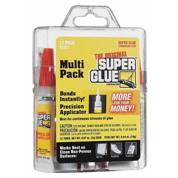 Super Glue Instant Adhesive, 0.07 fl oz, Tube, Clear, 12 Pack - 15187