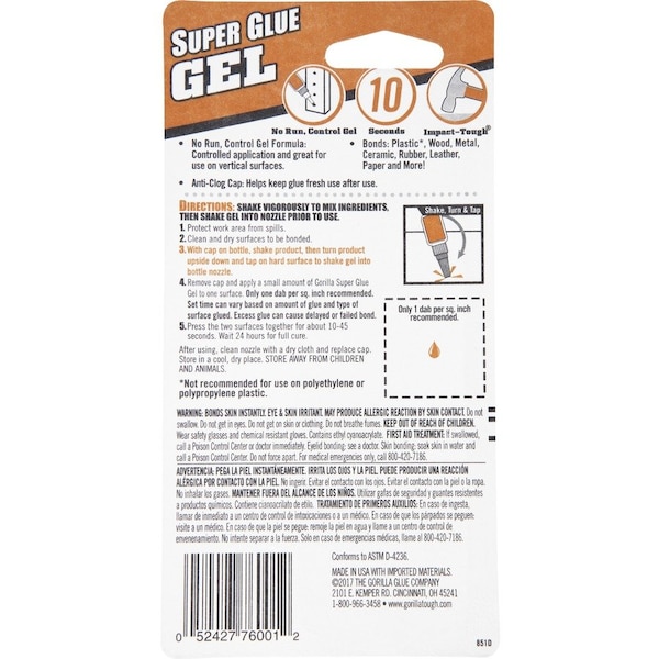 Gorilla Glue Adhesive, Super Glue Gel Series, White, 10.1 oz, Cartridge - 7600101
