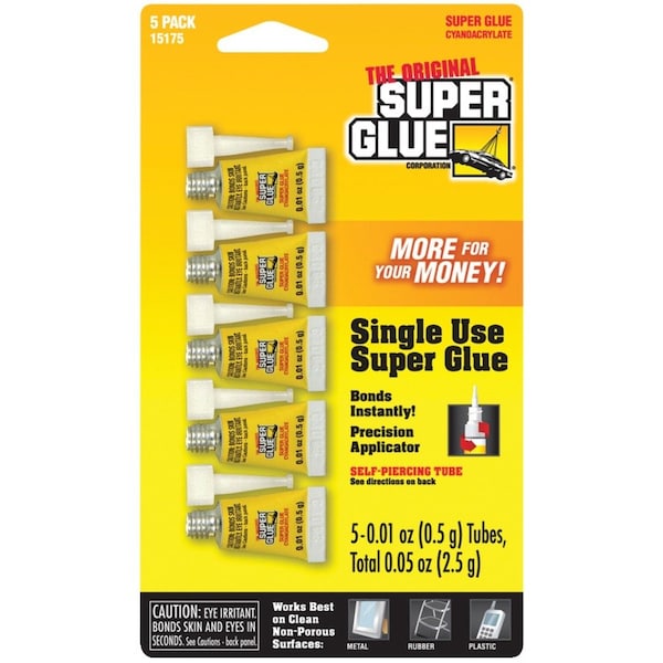 Super Glue Instant Adhesive, 0.05 fl oz, Tube, Clear, 5 Pack - 15175-12