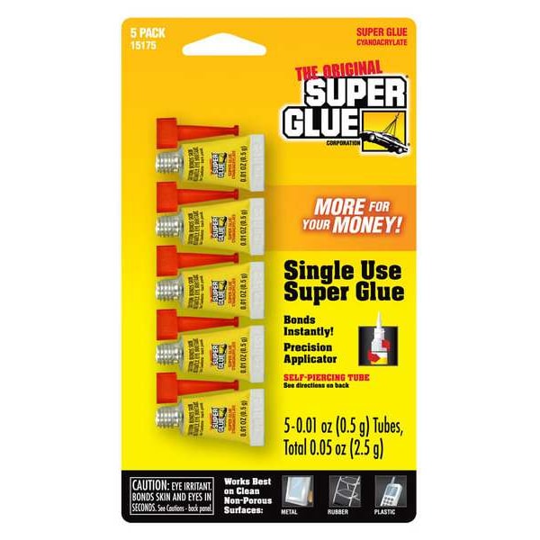 Super Glue Instant Adhesive, 0.05 fl oz, Tube, Clear, 5 Pack - 15175-12