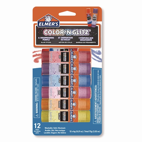 Elmers Glitter Glue Sticks, Applies Assorted Colors, 0.21 oz, Dries Clear Glitter, 12PK - 2197116