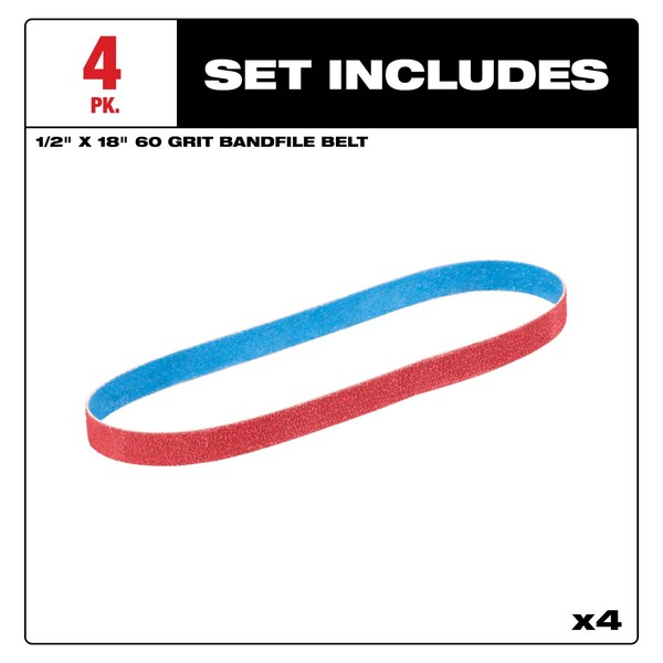 Milwaukee Tool & Equipment Bandfile Belts, 0.50 in W, 0.10 in L, Coated, Ceramic, 60 Grit, Coarse, Not Applicable, Blue, Red - 48-80-9060