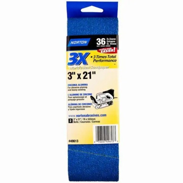 Norton Co 3" x 21" 3X Belt BlueFire Portable Sanding Belt 36-Grit, PK 2 - 02228
