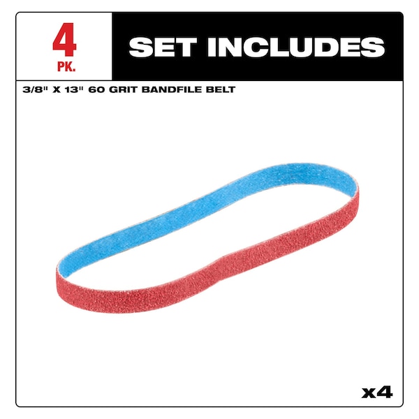 Milwaukee Tool & Equipment Bandfile Belts, 0.38 in W, 0.10 in L, Coated, Ceramic, 60 Grit, Coarse, Not Applicable, Blue, Red - 48-80-7060